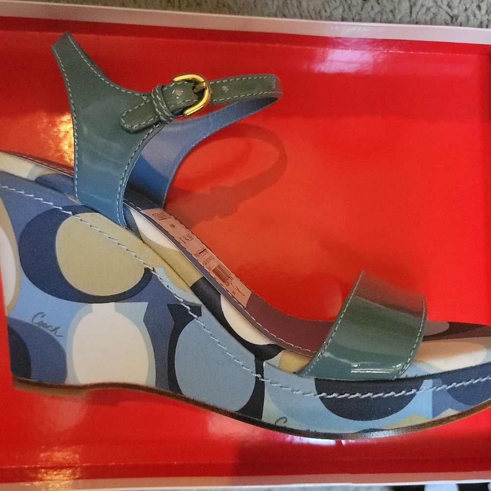 Coach Nib SZ 8 DEADSTOCK Women's Blue Wedge Sandals Heels  "C" Klara Y2k 90s